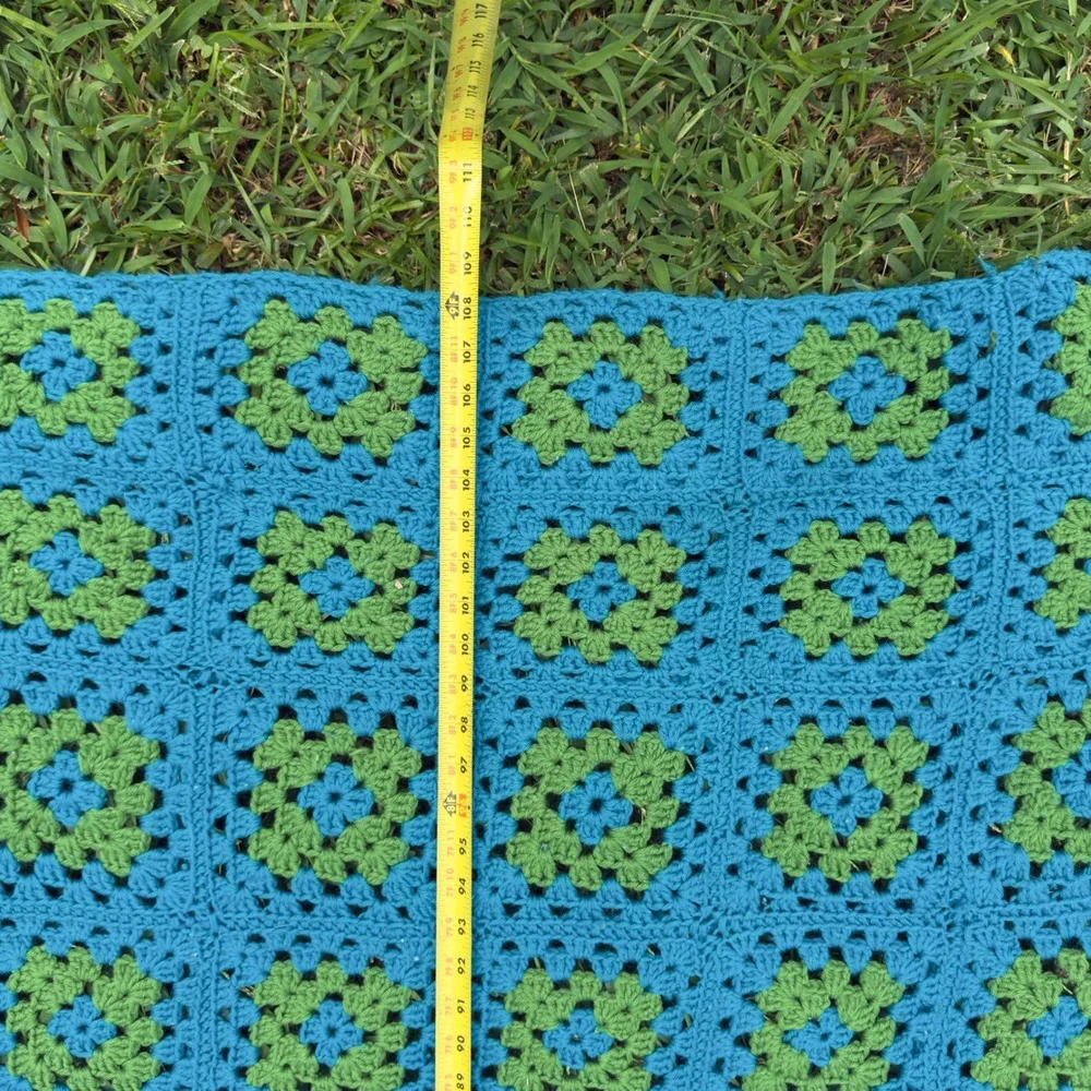 Vintage Handmade Crochet Granny Square Blanket Teal Blue Lime Green Throw 108x68